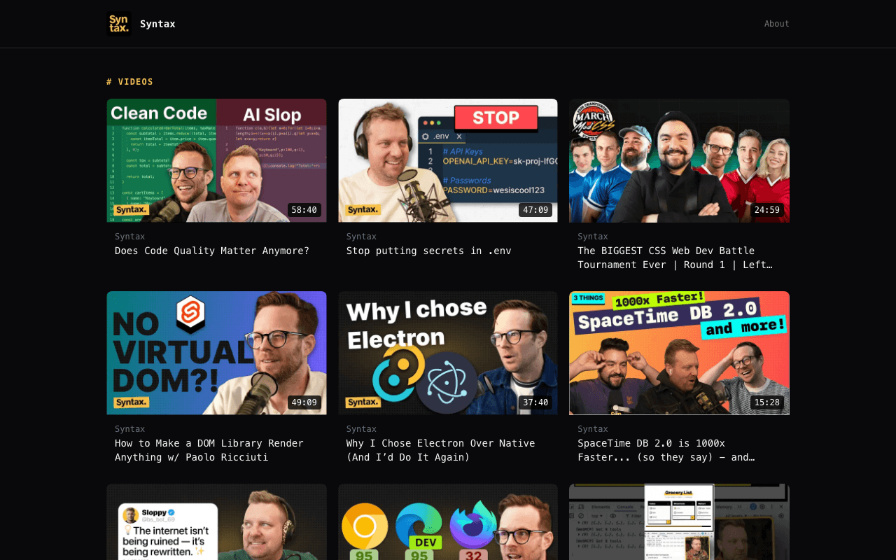 Example YouTube channel website built with yabby